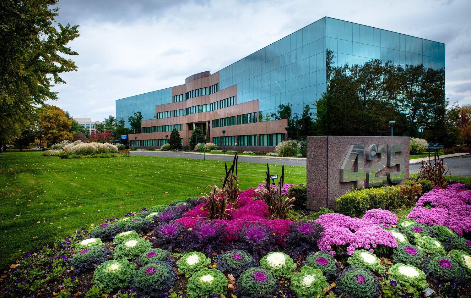 Modern glass office building with landscaped gardens and prominent address marker 425.