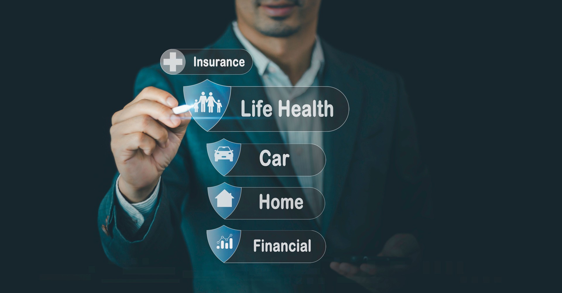 Insurance and assurance concept. Businessmen choose options insurance icons for medical, car, travel, family and life, financial and health insurance real estate support insurance company